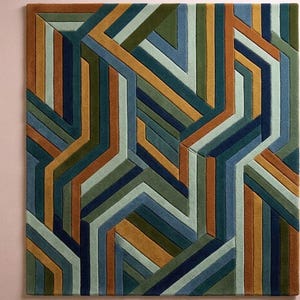 Halverwege de eeuw modern geometrisch vloerkleed, handgetuft tapijt met abstracte streep, blauwgroen roestwollen tapijt, eigentijds woonkamerdecor midden van de eeuw