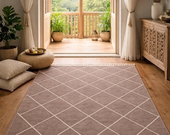 Tapis en laine noué à la main : motif à losanges taupe, tapis à franges minimalistes