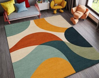 Alfombra de lana tejida a mano, formas abstractas orgánicas modernas, alfombra geométrica colorida