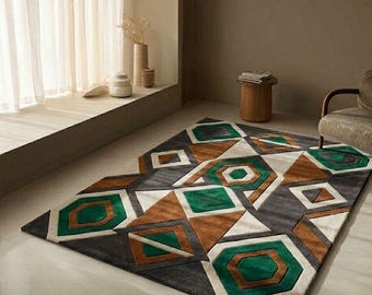 Alfombra moderna geométrica de lana tejida a mano, alfombra abstracta verde y marrón, alfombra contemporánea para sala de estar, decoración de lujo hecha a mano.