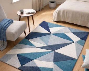 Tapis géométrique moderne : tapis bleu gris blanc à motif triangulaire abstrait