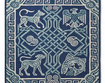 Tapis en laine touffeté à la main avec noeuds celtiques, tapis mythologie nordique, tapis animal viking, déco de chambre à coucher salon bleu fait main