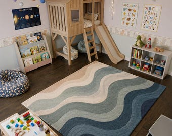Alfombra moderna azul ondulada, alfombra de lana tejida a mano, alfombra con estampado abstracto de ondas, decoración contemporánea para el suelo del salón o dormitorio.