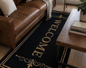 Alfombra de bienvenida tejida a mano, alfombra de entrada negra y dorada, felpudo de lujo, elegante alfombra decorativa de lana para la entrada del hogar.