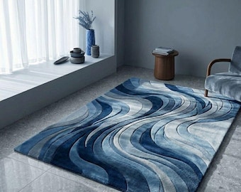 Alfombra moderna de lana azul abstracta tejida a mano, alfombra con estampado de olas, alfombra contemporánea para sala de estar y dormitorio, decoración de lujo hecha a mano.
