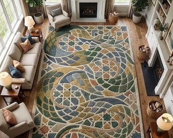 Tapis fait main en mosaïque, tapis de salon abstrait géométrique, tapis de sol bohème moderne, décoration d'intérieur luxueuse
