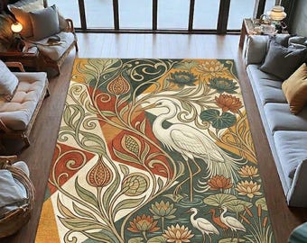 Tapis grue Art nouveau, tapis floral botanique et lotus pour bassin, décoration de salon aux tons ocre