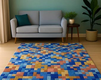 Carpette à motifs de pixels, moquette bleue géométrique, tapis de salon contemporain