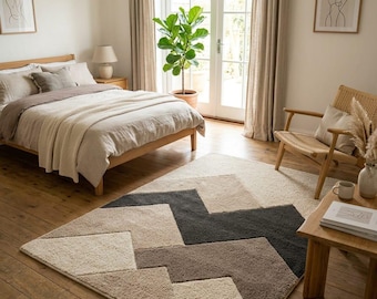 Tapis capitonné géométrique neutre, tapis scandinave abstrait beige moderne
