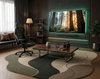 Alfombra moderna abstracta de lana tejida a mano, alfombra orgánica ondulada, alfombra verde beige neutra, decoración contemporánea para sala de estar y dormitorio.