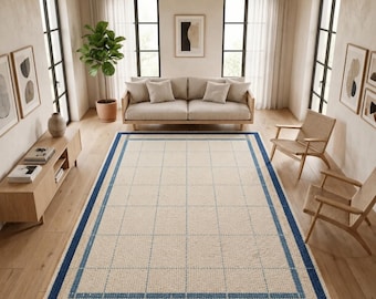 Alfombra de lana tejida a mano, con borde de cuadrícula azul crema, alfombra minimalista moderna para la decoración de la sala de estar, el dormitorio y la oficina.