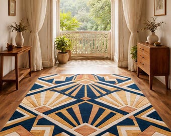 Tapis en laine tufté à la main, tapis géométrique art déco en terre cuite bleu beige