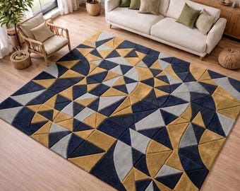 Tapis en laine tufté à la main, tapis abstrait géométrique beige moutarde bleu
