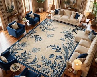 Tapis en laine à fleurs bleu touffeté à la main, tapis botanique, tapis de salon crème ivoire, tapis de sol de chambre à coucher moderne fait main de luxe