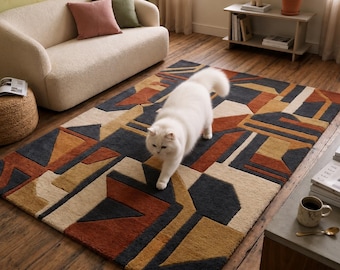 Alfombra geométrica abstracta hecha a mano, alfombra moderna con mechones, alfombra para sala de estar de mediados de siglo, alfombra decorativa de estilo bohemio para el suelo.
