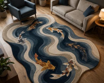 Alfombra hecha a mano con diseño de peces koi, alfombra abstracta con forma de ola, alfombra orgánica azul crema, decoración para sala de estar inspirada en estanques japoneses.