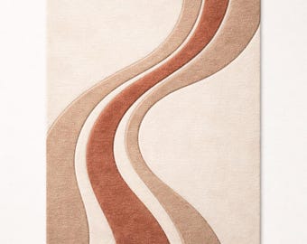 Tapis en laine tufté à la main, lignes courbes abstraites, moquette beige en terre cuite