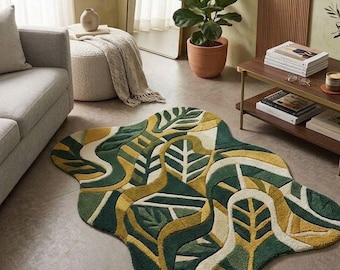 Alfombra moderna con diseño de hojas tropicales, alfombra de área con forma orgánica, alfombra abstracta botánica verde, decoración de sala de estar tejida a mano.