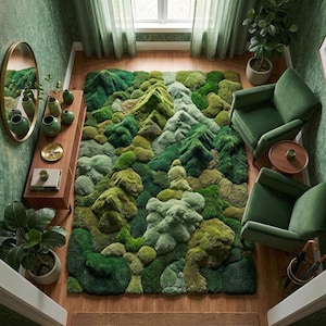 May include: A rectangular area rug featuring a three-dimensional, tufted texture that mimics a mossy landscape with various shades of green. The rug displays raised, uneven surfaces resembling rolling hills and terrain, covering the floor space.
