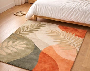 Carpette à feuilles abstraites, moquette beige terre cuite botanique, décoration de sol minimaliste