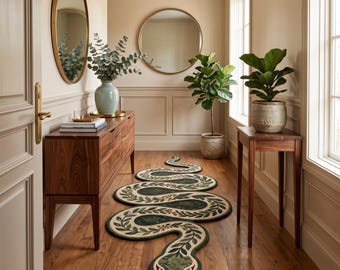 Tapis en forme de serpent touffeté à la main, carpette serpent botanique, tapis en laine inspiré de la nature, tapis de sol tendance pour salon chambre à coucher