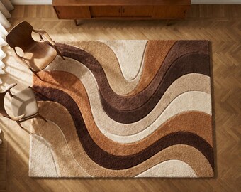 Alfombra abstracta con diseño de ondas, alfombra de pelo corto en tonos marrón y beige neutros, decoración retro para sala de estar.