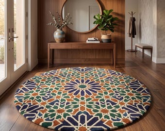 Tapis marocain rond géométrique en laine touffeté à la main, tapis islamique en mosaïque, tapis circulaire bohème pour décoration d'entrée de salon et chambre à coucher