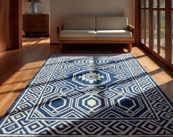 Tapis en laine tufté à la main, motif géométrique hexagonal bleu, tapis de salon scandinave nordique