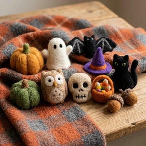 Puede incluir: Una colección de figuras de Halloween de lana fieltrada que incluye una calabaza naranja, una calabaza verde, un fantasma blanco, un murciélago negro, un sombrero de bruja morado, un búho marrón, una calavera beige, un gato negro, una cesta naranja con dulces y dos bellotas.