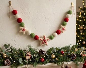 Felt Christmas Ball Garland, Hand Felted Wool Star Mantel Decor, Boho Holiday Wall Bunting for Nursery & Living Room, New Home Holiday Gift