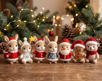 Needle Felted Christmas Bunny Ornament, Wool Santa Figurine, Woodland Shelf Sitter