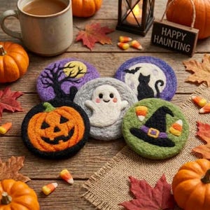 Könnte beinhalten: Fünf runde Untersetzer aus gefilzter Wolle mit Halloween-Motiven: ein Kürbis, ein Geist, eine schwarze Katze vor einem Vollmond, ein Hexenhut mit Zuckermais und ein gruseliger Baum, alle mit detaillierter Nadelfilztechnik gefertigt.