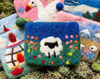 Monedero de fieltro de lana hecho a mano, monedero de fieltro con forma de animalito, cartera con cremallera ecológica, regalo personalizado para ella.