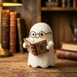 May include: A small, off-white felted ghost figurine wearing thin, round wire-rimmed glasses. The ghost holds a miniature brown book with dark brown stitched details and runic symbols on the cover, featuring a simple, embroidered smiling face.