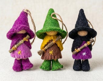 Needle Felted Witch Ornament – Handmade Wool Halloween Decor, Waldorf Tree Charm, Tiered Tray Accent