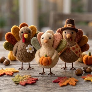 May include: Three needle-felted turkey figurines in autumn colors. The left turkey has a white flower, the center turkey holds a small orange pumpkin, and the right turkey wears a brown pilgrim hat and a patterned shawl, surrounded by felt leaves.