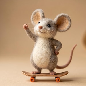 Poseable Felted Mouse, Handmade Soft Sculpture, Collectible Art Figurine, Kawaii Skater Decor Gift
