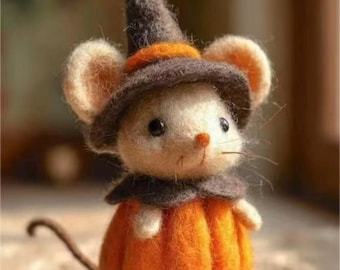 Handmade Needle Felted Witch Mouse with Pumpkin | Halloween Tiered Tray Decor | Wool Animal Figurine | Cute Spooky Fall Gift for Her