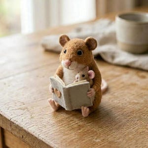 May include: A needle-felted brown mouse with a cream-colored belly holding a smaller, lighter brown mouse in its arms. Both mice are looking at an open, light gray book with a small heart detail on the cover. The figures have dark eyes and pink noses.