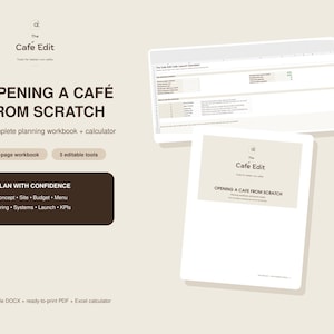 Puede incluir: Un kit de planificación digital titulado The Cafe Edit: Opening a Cafe From Scratch. Incluye un libro de trabajo de 24 páginas y 5 herramientas editables. Presenta un cuadro marrón oscuro con texto que enumera categorías como Concept, Site, Budget, Menu, Hiring, Systems, Launch y KPIs.