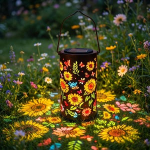 May include: A black solar-powered lantern with a handle, decorated with sunflower and butterfly cutouts. The lantern projects colourful floral patterns onto the grass. The garden decor is surrounded by wildflowers.