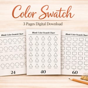 Puede incluir: Tres tablas de muestras de color en blanco con círculos, triángulos y rectángulos. Las tablas están etiquetadas con el texto "Color Swatch" y "3 Pages Digital Download". La primera tabla tiene 24 espacios, la segunda 40 y la tercera 60.