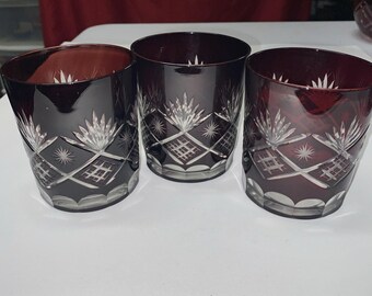 Edo Kiriko Hishimatsu - 3 Rock Glasses Red Cut To Clear - Japan - Vintage