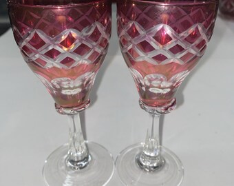 2 Bohemian Czech Cut To Clear Crystal Cordial Wine Cocktail Glasses Cranberry