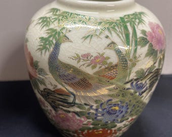 Toyo Japan Satsuma Crackle Glaze Porcelain Vase Peonies and Peacocks 5” 1980