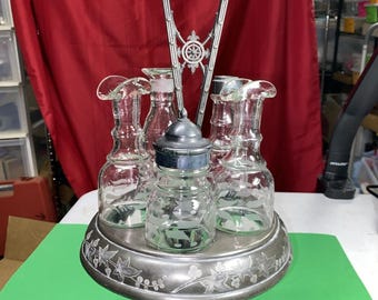 Antique Silverplate Cruet Set Rotating Caddy 5 Etched Glass Bottles 1800’s