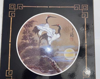 VTG 1981 Asian Style Heron/Crane Standing On Tree Lacquered Print On Wood 12x12