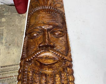 Vintage Hand Carved Wood Bearded African Man 36” X 10” X 2.5” - Very Nice