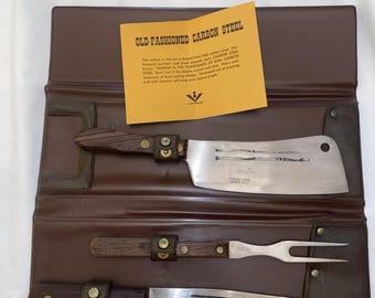 Vintage Vitronic Handmade Old Fashioned Carbon Steel Meat Carving Set W/Case(A2)