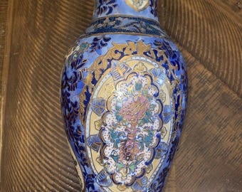 Jarrón asiático antiguo de 10 pulgadas, dorado y esmaltado Moriage azul dorado. ¡Precioso!